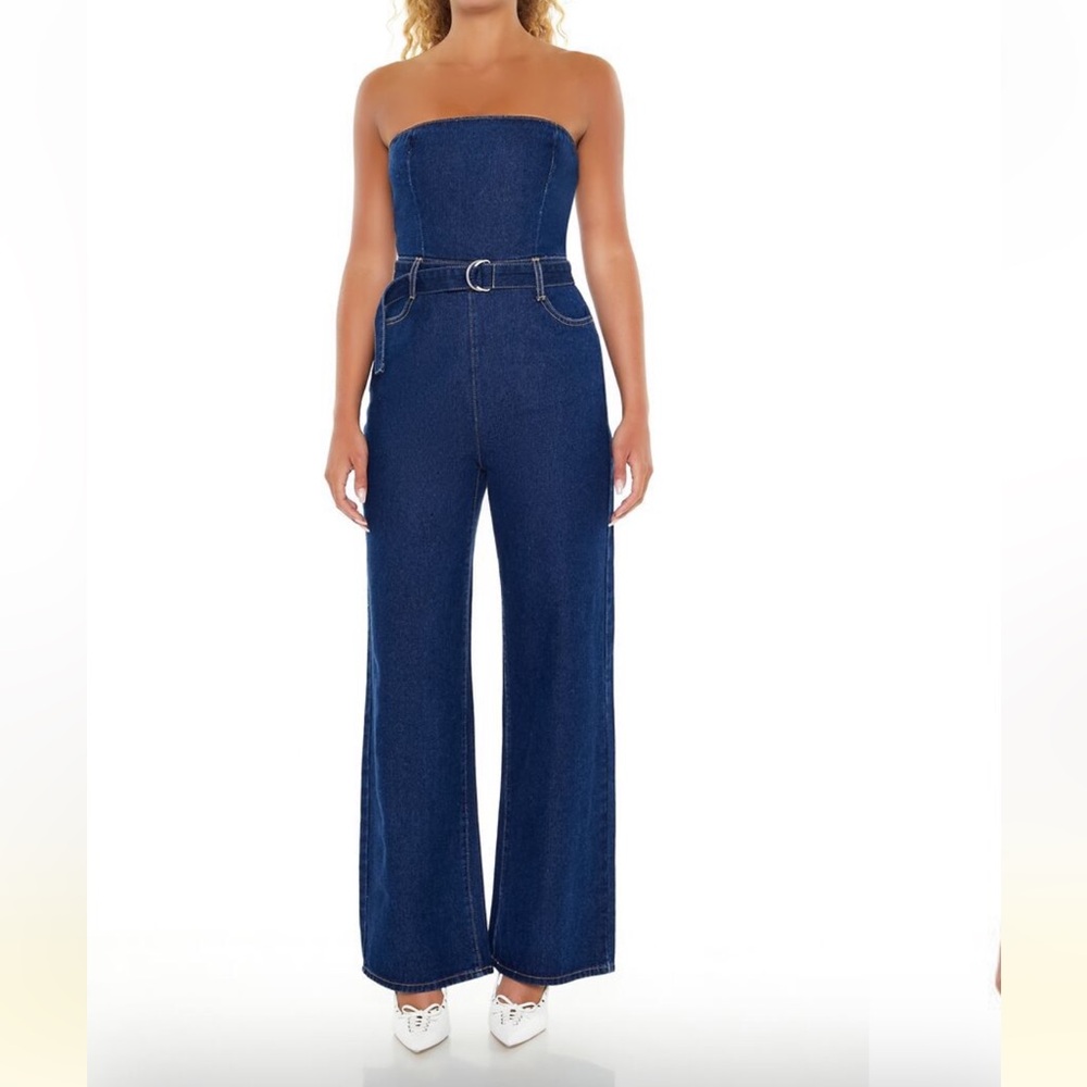Belted Strapless Denim Jumpsuit